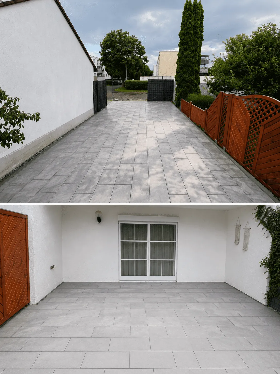 Gepflasterter Gartenweg entlang der Hausfassade mit Sichtschutzzaun